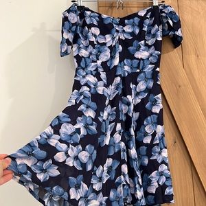 Reformation off the shoulder blue floral mini dress